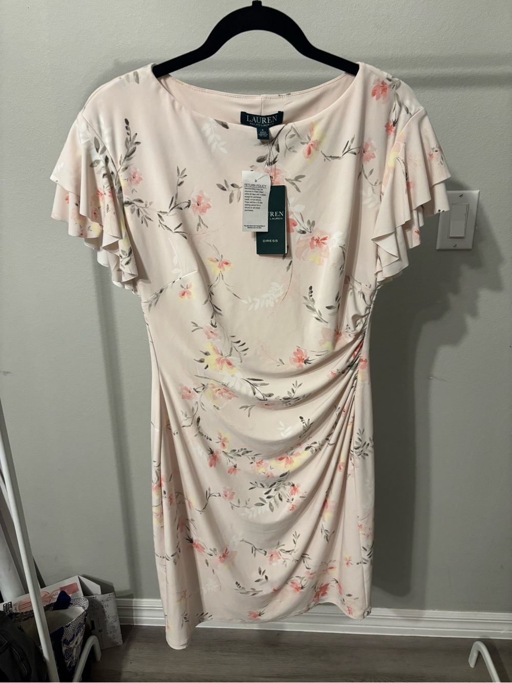 Lauren Ralph Lauren Pale Pink Floral Ruffle-Sleeve Midi Dress